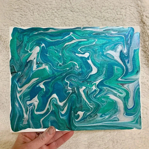 Paint Pour Art - 9x12 Metallic Teal, Green, White, Black and Blue Art - Picture 5 of 7